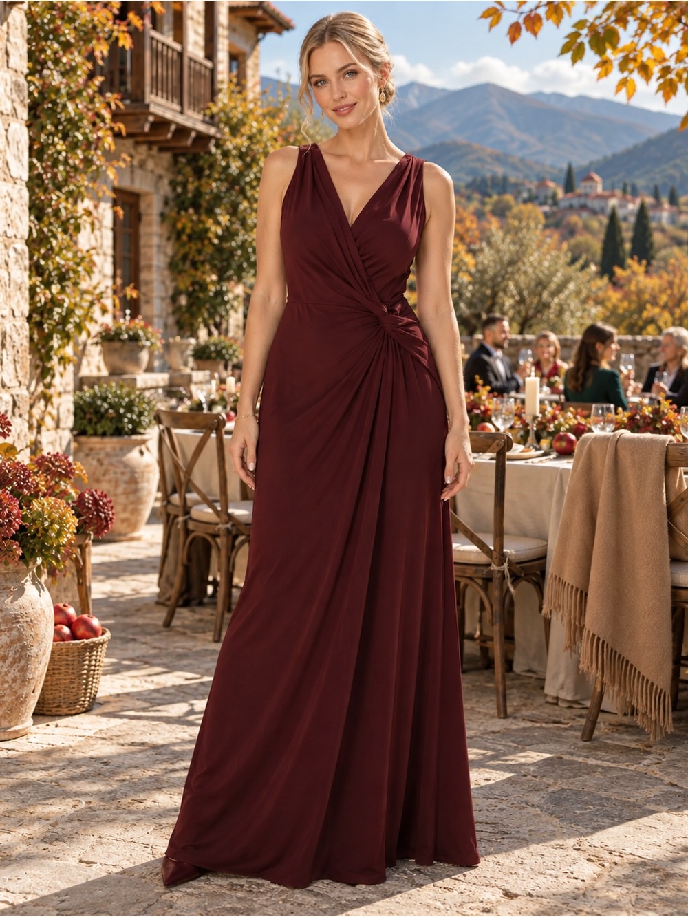 Sleeveless Maroon Maxi Dress with Side Twist Detail